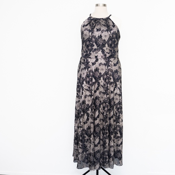 Betsy & Adam. Plus Size Layla Halter Top Foil Print Gown. - Picture 2 of 11